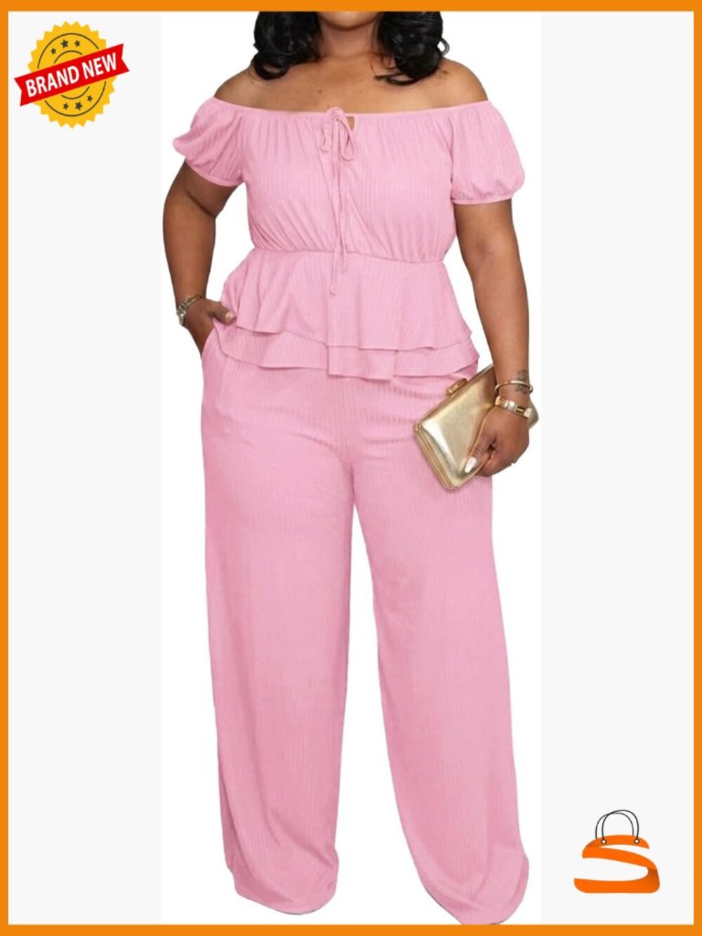 Plus Size 2 Piece Set Summer Wide Leg Pants Suit Off Shoulder